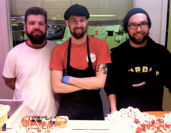 It's pretty obvious that we ladies of Beads of Denver love a man with an amazing beard; we've laid the groundwork for that not-so-earth-shaking statement. But we also love a good bratwurst. Imagine our delight when we happened into Continental Deli in Cherry Creek on Saturday and not only sampled some amazing sausage, but met three handsome bearded gents working the counter! Meet Sam, Brace and Max (L-R). Sam, a Denver native, has had his beard about 5 months, and keeps it just in the winter months, where it serves him well while he's biking around Denver. Brace, also a Colorado native, has had this version of his beard about 9 months; he described his shaving habits as "lazy" thus leading to his facial prowess. Max keeps his heard all year long and before moving to Denver about four years ago he lived in Indiana. Max claimed no one was really a fan of his beard in Indiana but it's much more accepted in out here. We encourage everyone to stop into the deli and say hi to these great guys soon--and take advantage of the sample table! it was divine. Cheers guys!
