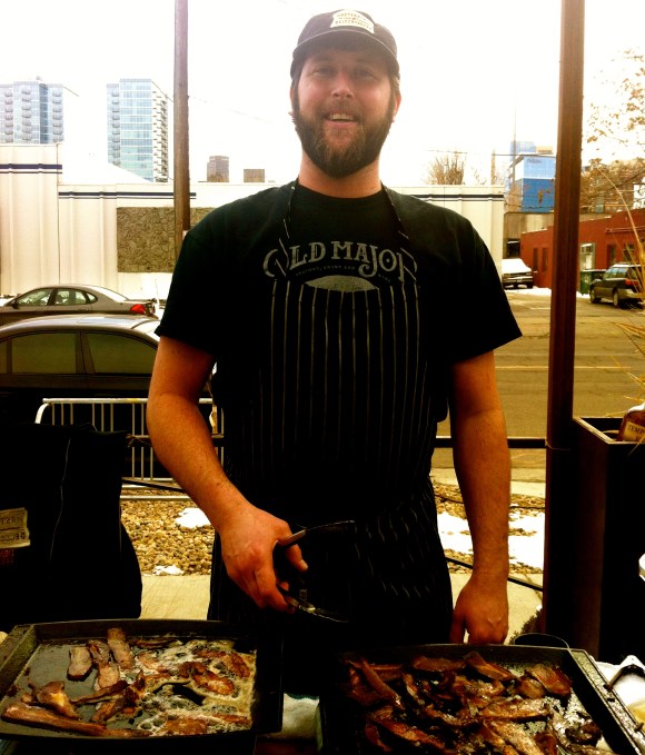 When you go to bacon and beer breakfast, you know you are in for a great time, guaranteed. It's a bonus then when you come across a great beard to go along with  your bacon and beer. Met Casey, who was serving up tasty bacon from the Denver Bacon Company at the Denver Beer Company's beer and bacon breakfast on a recent gorgeous Saturday morning. Casey, who is the Chef De Cuisine at Masterpiece Delicatessen in Denver, has had this beard for teh past seven years. Casey's called Denver home the past nine years, and originally hails from the Cedar Rapids, Iowa area (thus the love of bacon is not surprising). We liked Casey even more when he told us he hasn't been clean shaven since he was 19 years old--start man. Casey's sweetheart loves his beard (wise woman) and his two brothers also have the ability to sport beards, but don't always keep them--mayabe they'll be more encouraged now!