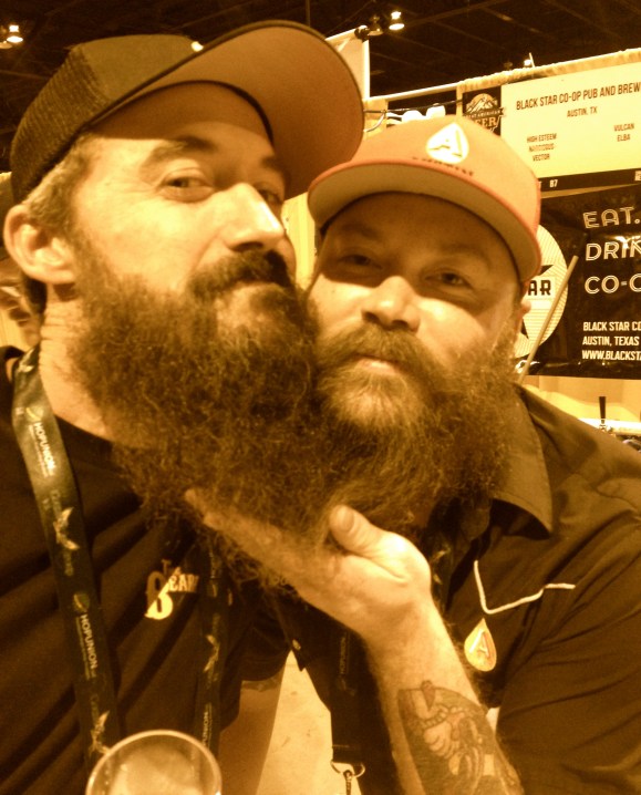 If you have followed Beards of Denver for a bit, or if you are familiar with either beard or beer culture, you now know well that there is often a direct correlation between a bomb-ass beard and an excellent craft beer. Based on that cardinal knowledge, you won’t be surprised that we met Tony Drewry (left, pictured here with Will Golden, Head Brewer at Austin Beerworks in Austin, TX) at the Great American Beer Festival in Denver in October.  Tony, who is an independent craft beer consultant across the state of Texas, was visiting our fair city for GABF from his home in Fort Worth, Texas.  His beard is just over three years old, but he’s had some iteration of facial hair for all of his adult life, including goatees, mustaches, chops, but we must say we favor his beard.  Tony hails from a long line of Baptists and moonshiners, which we hear are both huge appreciators of the beard.  All of Tony’s sweethearts have appreciated his beard, and he assured us “Hell, even my mama digs it.” To care for those precious locks, Tony washes, conditions, brushes, and even applies a bit of Kieh’s Superbly Restorative Argan Dry Oil for good measure.  Even with all this primping, occasionally he does experience “bed beard” (think bed head, but on your face), but when it gets that wild he’s able to braid it to keep it in check. Regardless, it always smells fabulous (we have no doubt).  When asked if strangers fondle his beard without his permission, Tony said he does occasionally get confused with other men who are part of the bearded brethren brotherhood, and he even has a name for these folks: “Beardists” (no comment as to whether the Beards of Denver ladies would qualify for this label, but we’ll take it as a compliment if so).  Tony stressed that Beardism is “not a laughing matter” and has noticed over the years that a big, beautiful beard does seem to fascinate a huge spectrum of the populace and garners loads of, mostly humorous, comments, though he did say if he ever hears another “Duck Dynasty” reference “It will be too soon.” Tony’s family, on the whole, loves his beard. His 10-year-old daughter dictates his facial hair growth and her most recent instruction was for him to grow his beard to his waist (we can’t wait for the progress report on that)! One of his nephews once wore a fake beard to Tony’s birthday party, and his very young nephews and nieces find solace and comfort in his beard.  Tony’s favorite story about his beard is when his nephew Parker was three years old, he asked Tony how he grew his beard, and Tony told him, “Kid, I get up every morning, look at myself in the mirror and let out a seriously manly grunt.” About a week later, Tony received a text from my sister that read, "Well, I hope you're happy. Parker was trying to grow his beard this morning and shit his pants,” Tony told us “I laugh every time I tell that story.” Besides growing an awesome beard, Tony is also the Co-Founder/Art Director at lemonjuice.us. He works with the Texas Tavern League and is the co-pilot of The Beerliner (which we were lucky enough to experience). Tony also sings and plays banjo/guitar/jug/kazoo in the band Shotgun Friday, which plays hill hop music and is the official unofficial band of Texas Craft Beer.  We’ll be sure to try and catch them next time we’re in the Lone-Star state!  Tony put it best when he told us that truly, “Beards make the world a better place.” We couldn’t agree more. You can follow Tony on Twitter at: @BeerPedaler